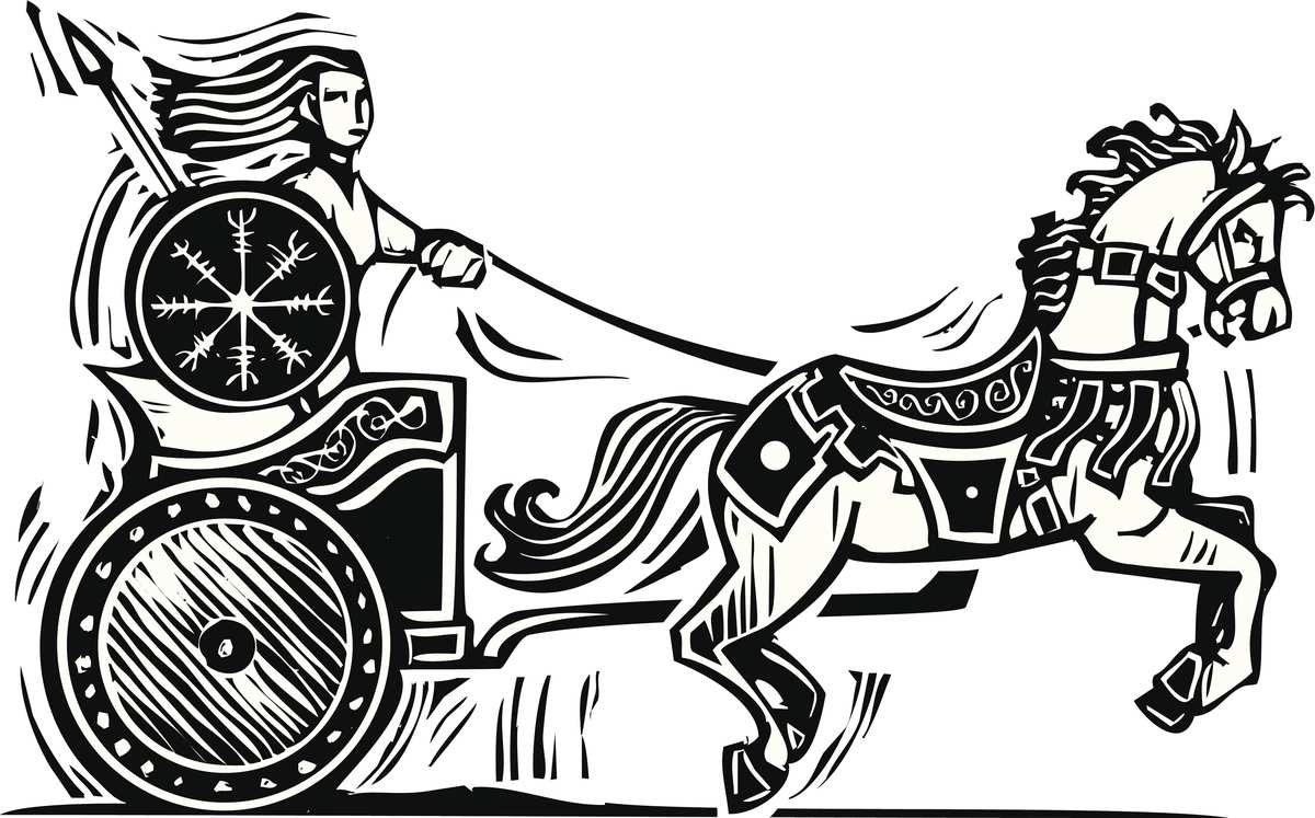 Woodcut style image of the Celtic heroine Brigid riding a chariot.  GettyImages-489973069.jpg