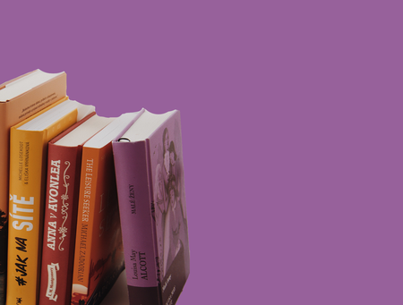 Purple box, row of books