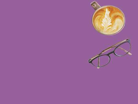 purple box, cup of coffee, pair of glasses