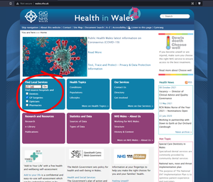 Screenshot of Health in Wales website homepage, indicating visually where to search for a GP surgery.