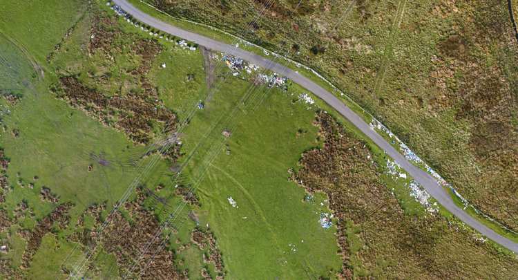 Aerial photograph of illegal fly tipping