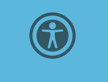 Accessibility icon, blue square, stick figure with arms outstretched